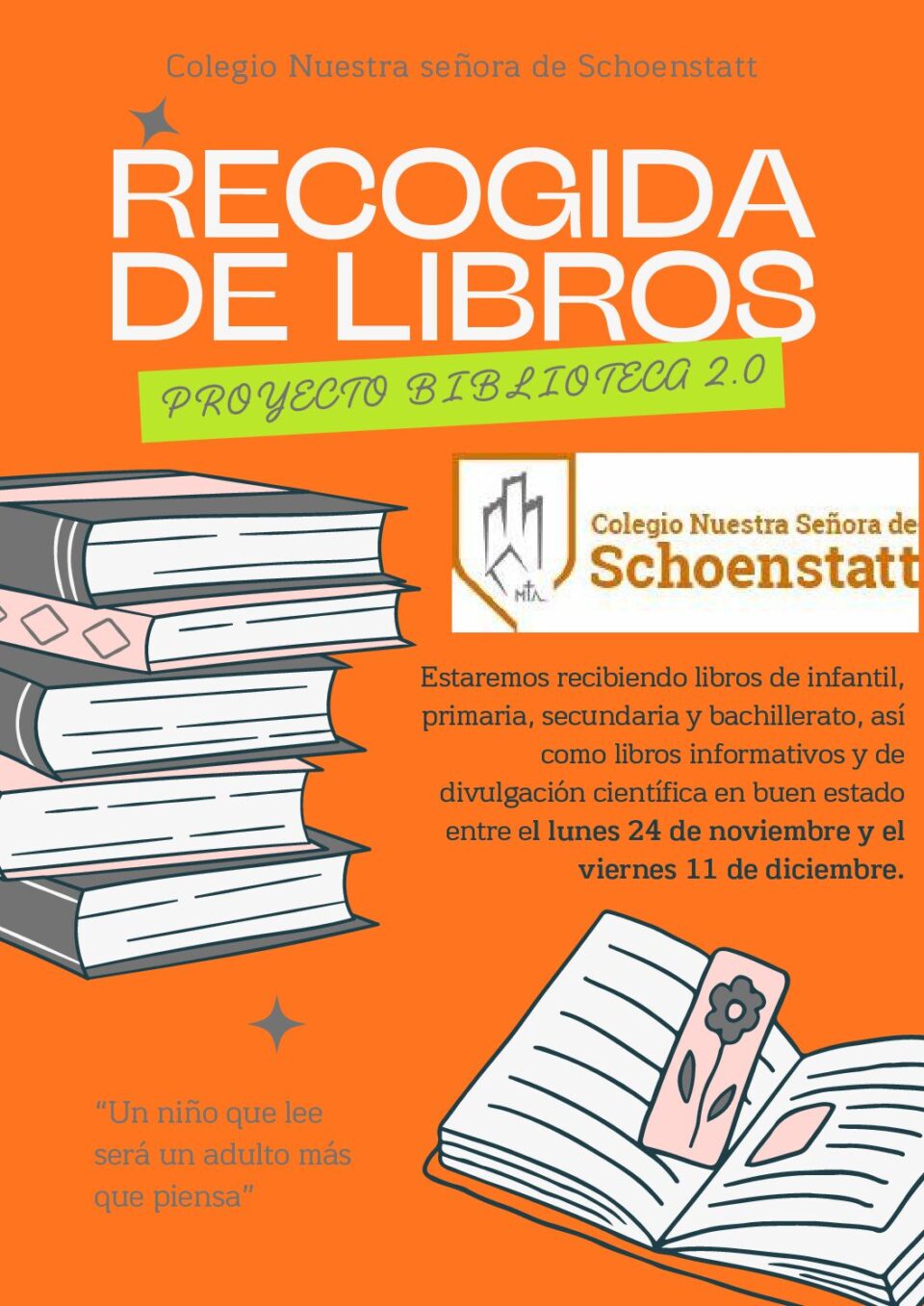 Flyer Volante Colecta de Libros Ilustrado Juvenil Rosa y Verde